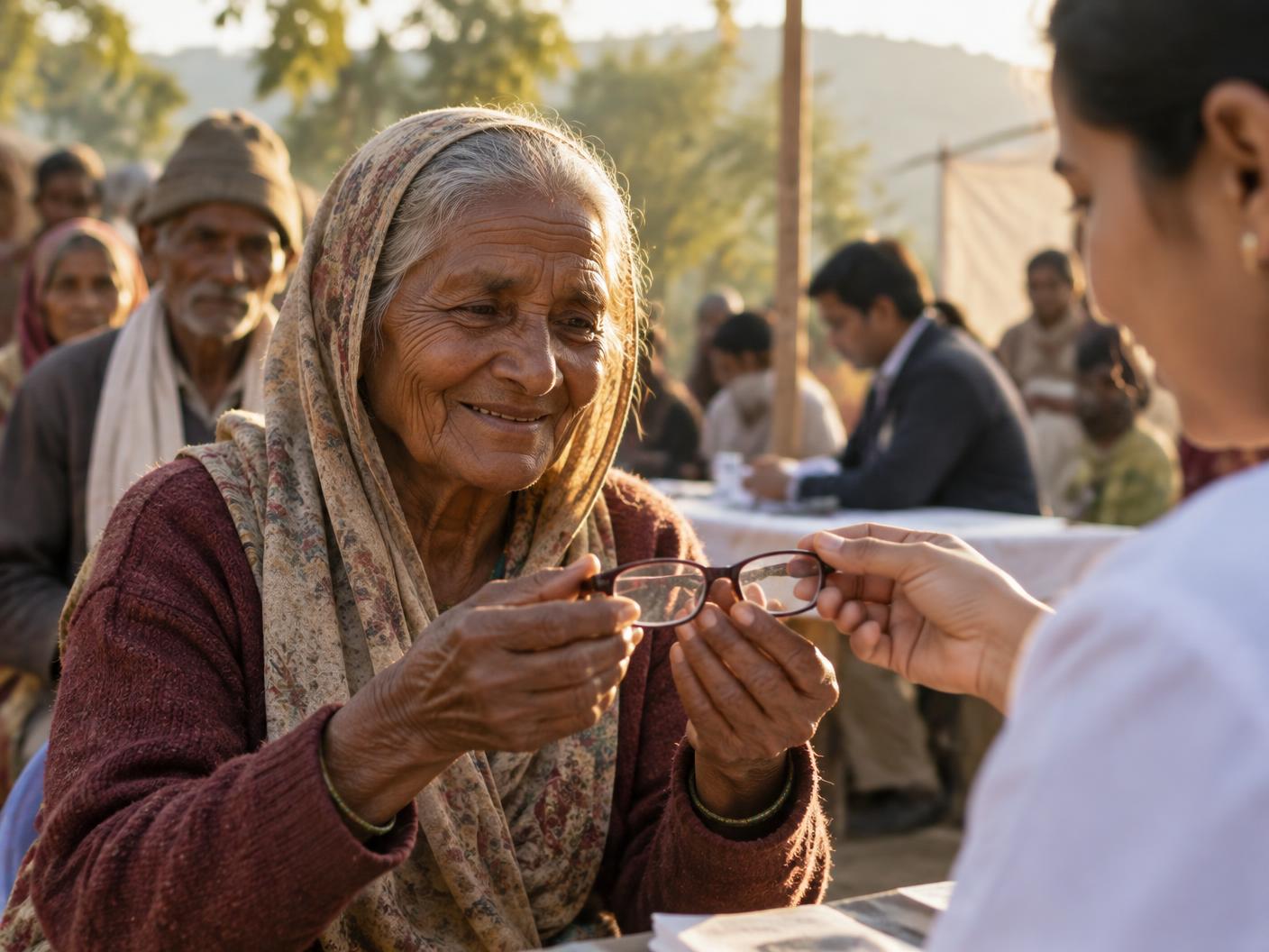 A pair of prescription glasses handed to a person at a community eye-care camp in warm morning light